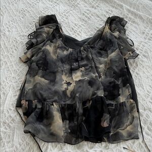 Rebecca Taylor Black and Taupe Watercolor Ruffle Tank